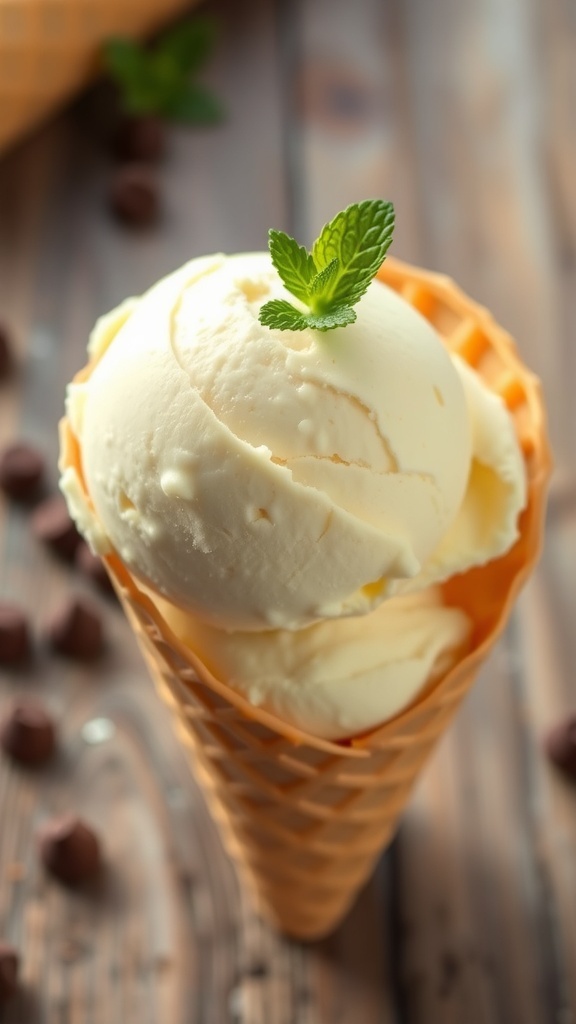 A delicious scoop of vanilla ice cream in a cone, garnished with chocolate chips and mint.